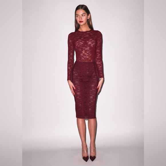 NWT Fleur Du Mal Le Stretch Lace Long Sleeve Bodysuit in Auburn— Size Medium - Picture 5 of 16